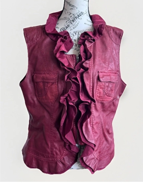 Montanaco Jackets & Blazers - montanaco red ruffle faux leather zip up vest XL